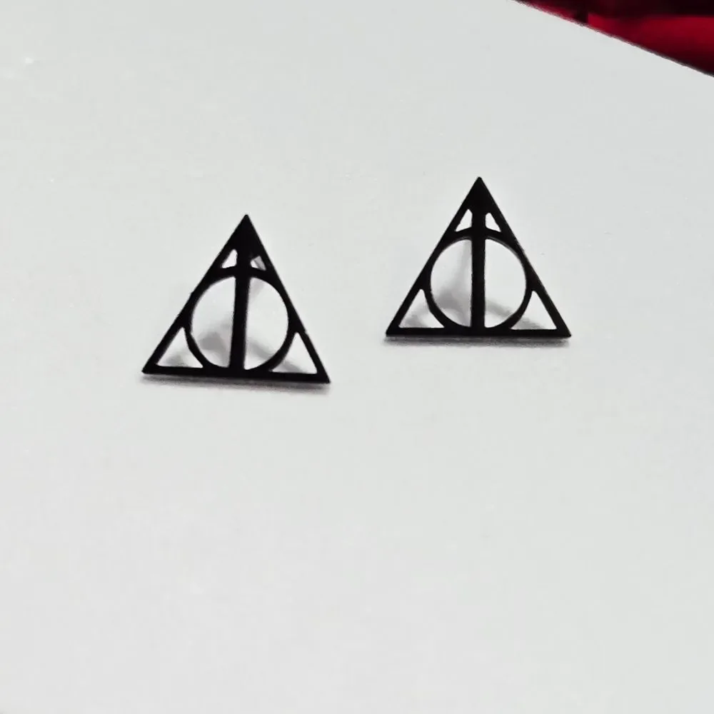 Deathly Hallows Stud Earrings Matte Black Harry Potter Inspired Minimalist Edge